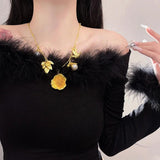 French Retro Petal Pearl Pendant Necklace Chain Leaf Sweater Chain Necklaces