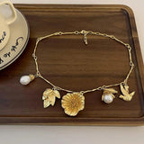French Retro Petal Pearl Pendant Necklace Chain Leaf Sweater Chain Necklaces