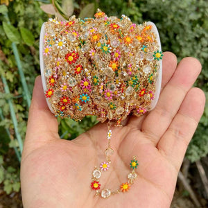 Sun Flower Charm Stainless Steel Chain with Crystals Spacer Beads
