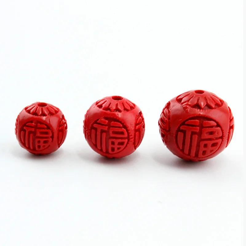 10pcs Natural Red Cinnabars Beads 10-15mm Round Carving Charm Bead DIY Jewelry