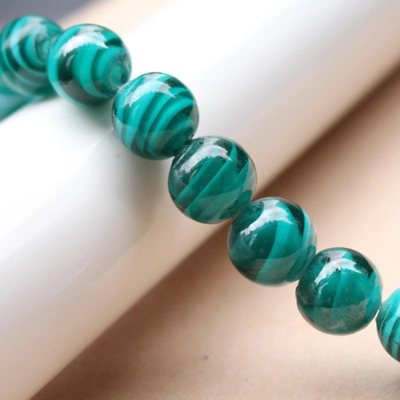 10Pcs 12mm Lampwork Glass Beads Stripes Teal Green Charm Beads for Jewelry DIY