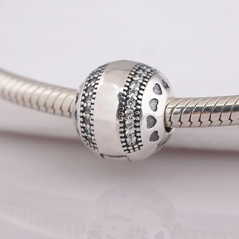 Bead DIY Jewelry Round Hearts Clips Charm Clear CZ Stopper Bracelet Bangle