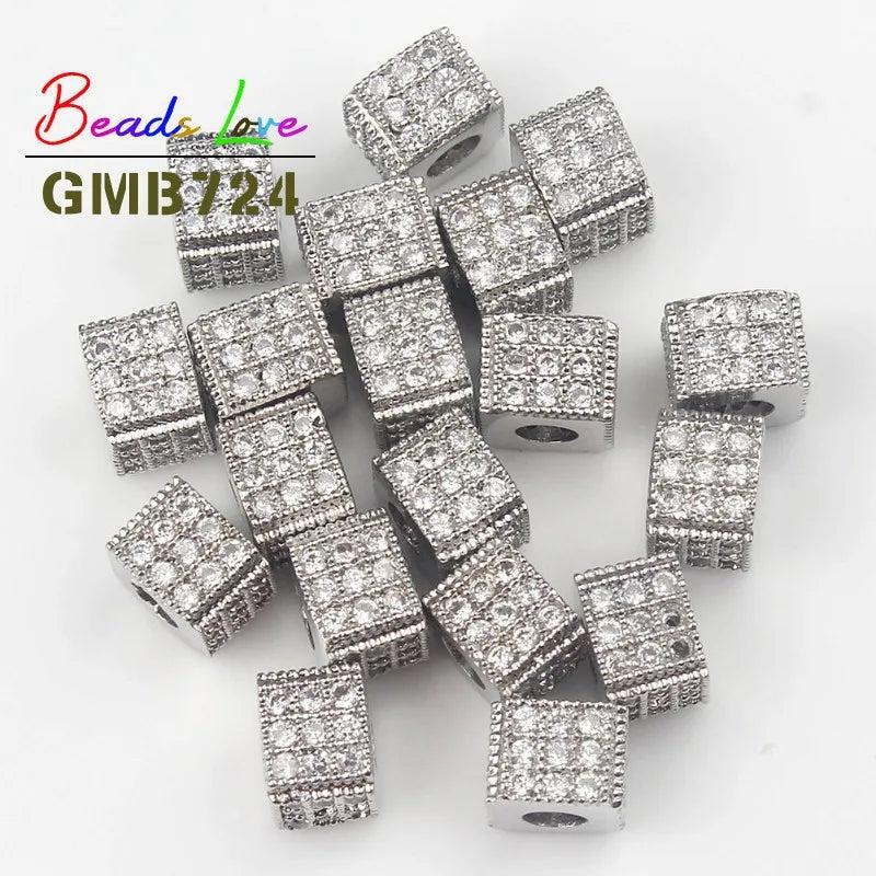 3pcs Micro Pave CZ Crystal Beads Copper Spacer Square 6*5mm