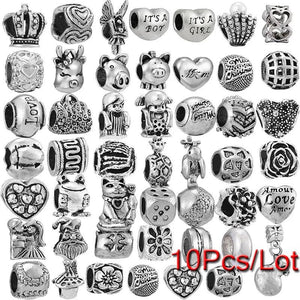 10Pcs Silver Frog Boy Girl Crown Heart Charms Beads DIY Bracelets