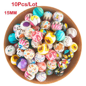 10Pcs 15MM Leopard Round Silicone Beads Print Baby Food Making DIY Necklace