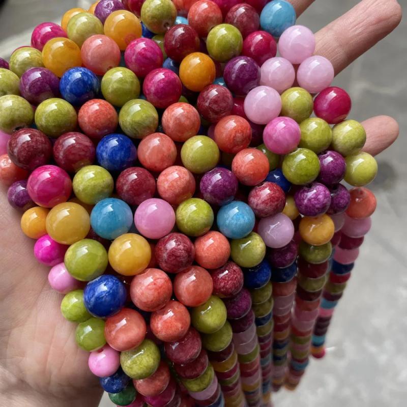 Colorful Natural Round Beads Bracelet Semi Finished Beige Jade Mixed