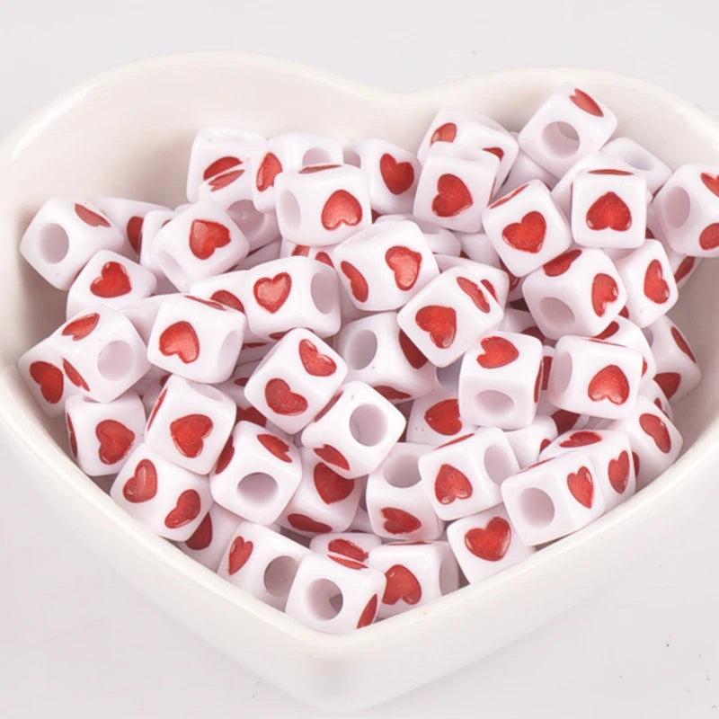 Acrylic Red Heart Cube Pony Beads 7X7mm 200Pcs