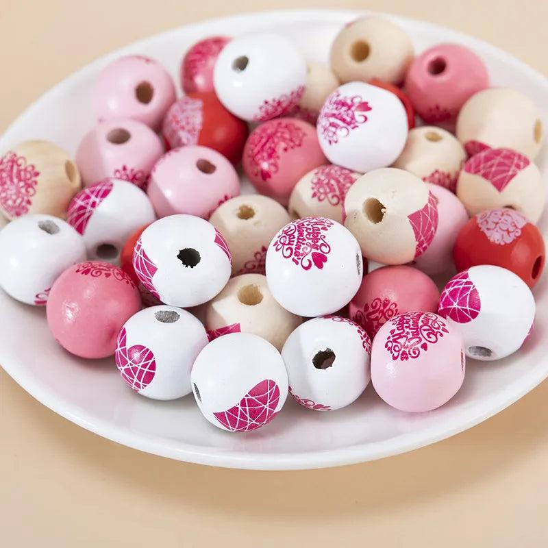 35Pcs 15mm Mixed-color Love Print Wood Beads DIY Jewelry Spacer Bracelet
