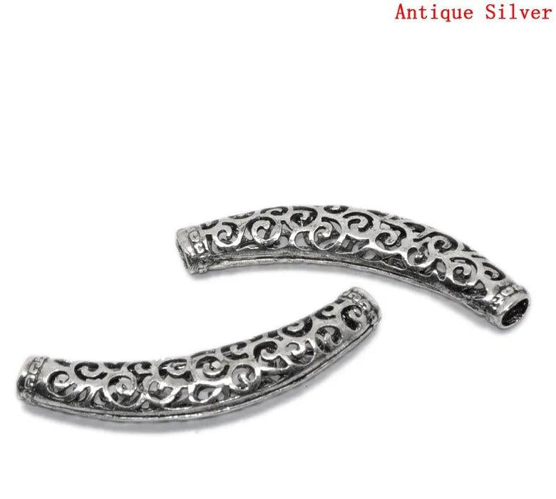 Vintage Curved Tube Spacer Beads Antique Silver Filigree Metal Loose Beads