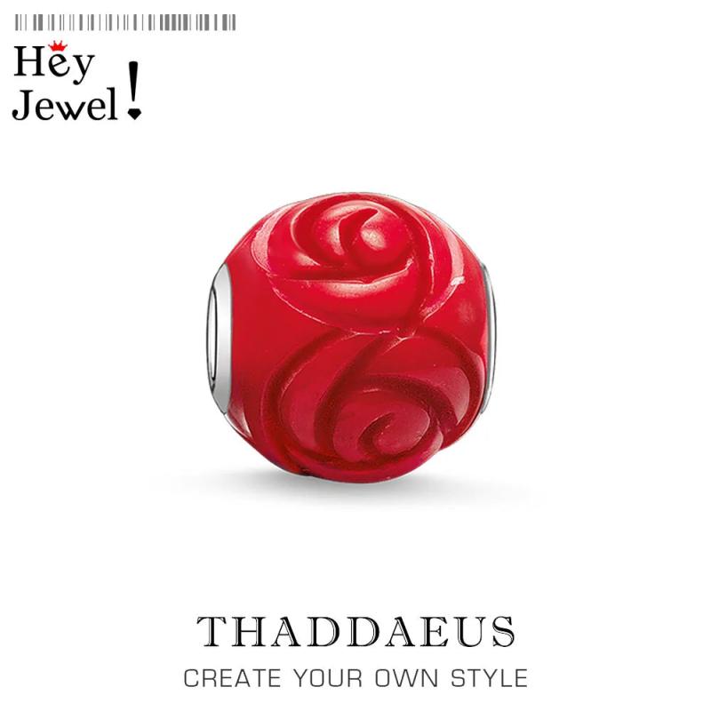 Red Enamel Rose Bead Charm, Lucky Europe Bracelet Jewelry