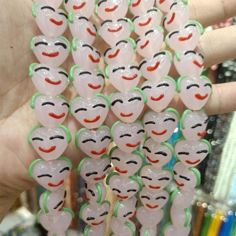 5pcs Pink Heart Smile Face Lampwork Beads 16x14mm DIY Loose Bead