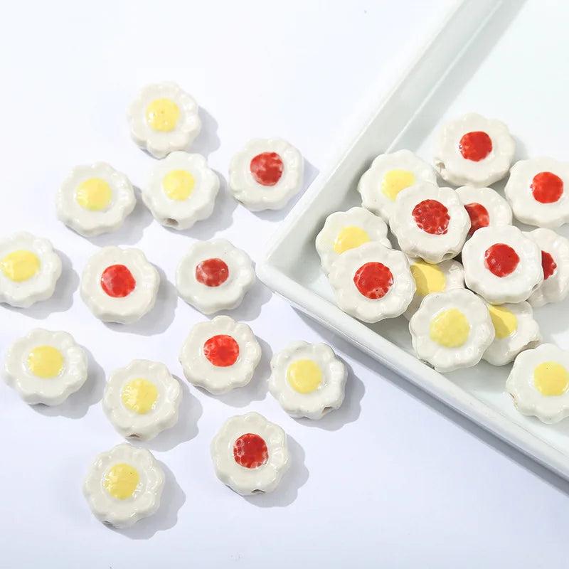 10pcs Hand Painted Poached Egg Ceramic Beads DIY Jewelry Making Bead Yellow Red
