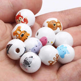 15mm Natural Wooden Beads Colorful Animal Pattern Loose Wood Beads