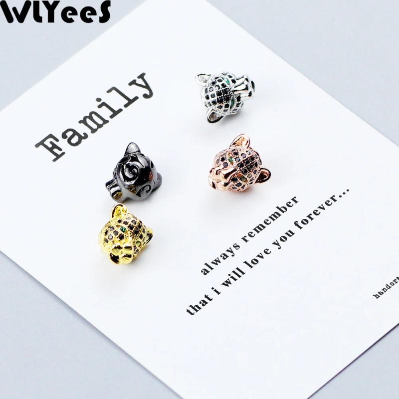 WLYeeS 2pcs CZ Green Eye Leopard head Copper beads Zircon Metal Charm