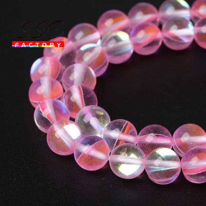 Austria Crystal Glitter Pink Moon Stone Beads 15'' DIY Jewelry Making 8 10 12mm