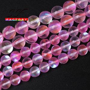 Austria Crystal Glitter Pink Moon Stone Beads 15'' DIY Jewelry Making 8 10 12mm