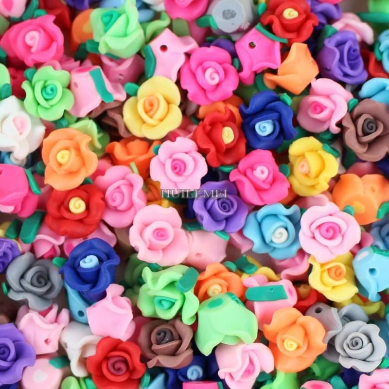 50pcs 13mm Mixed Flower Polymer Clay Beads for DIY Jewelry Making