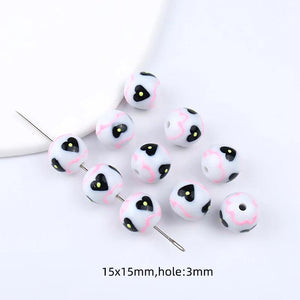 10pcs Heart Print Round Spacer Beads for DIY Jewelry Making 15X15mm