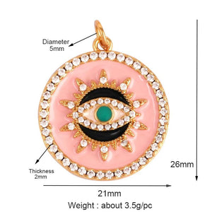 Round Coin Evil Eye Charm Pendant, CZ Paved