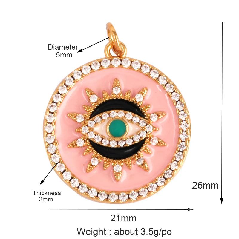 Round Coin Evil Eye Charm Pendant, CZ Paved