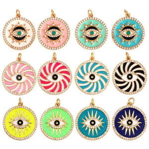 Round Coin Evil Eye Charm Pendant, CZ Paved