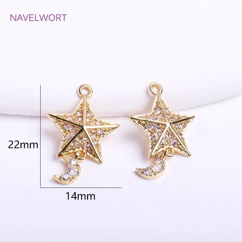 14K Plated Pentagram & Mini Moon Charms Zircon Pendants