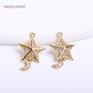 14K Plated Pentagram & Mini Moon Charms Zircon Pendants