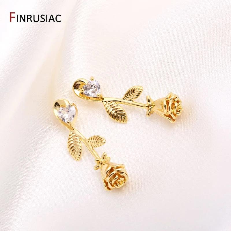 14K Plated Rose Charms 30.5x11mm Flower Pendants DIY Earring Making Supplies