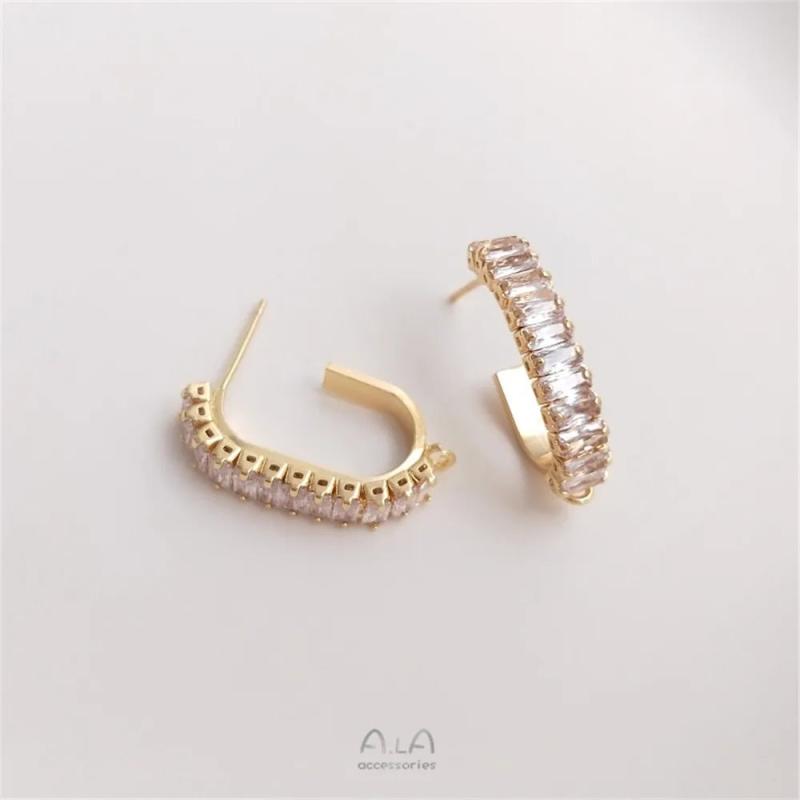 14K Square Zircon Earrings with Hanging S925 Silver Needle DIY Earpiece