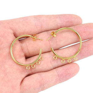 6pcs 30mm Stainless Steel Gold/Steel Tone C Shape Ear Studs with 4 Loops
