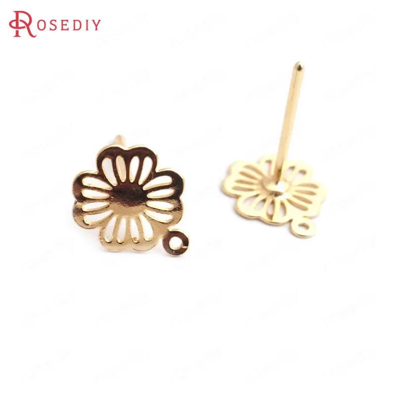 10PCS 9x7.5MM 24K Brass Flower Stud Earrings DIY Jewelry Findings