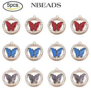 5PC Rhinestone Enamel Butterfly Charms for Bracelet Necklace