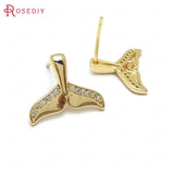 4PCS 15x12MM 24K Brass Zircon Whale Tail Stud Earrings DIY Jewelry Findings