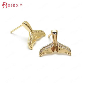 4PCS 15x12MM 24K Brass Zircon Whale Tail Stud Earrings DIY Jewelry Findings