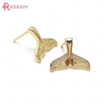 4PCS 15x12MM 24K Brass Zircon Whale Tail Stud Earrings DIY Jewelry Findings