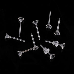 200Pcs 3mm Plastic Cup Needle Earrings Studs Transparent Ear Plugs