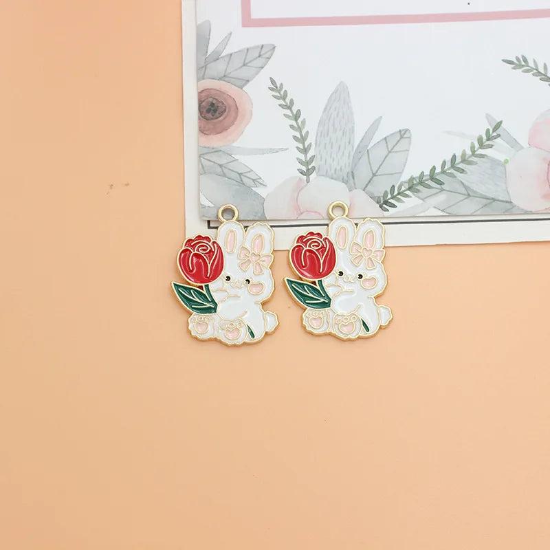 10Pcs Cartoon Enamel Rose Flower Rabbit Charms Pendant For Jewelry Making