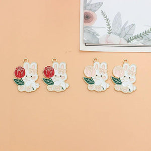10Pcs Cartoon Enamel Rose Flower Rabbit Charms Pendant For Jewelry Making