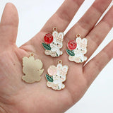10Pcs Cartoon Enamel Rose Flower Rabbit Charms Pendant For Jewelry Making