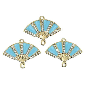 10pcs Rhinestone Fan Enamel Double Hanging Pendant Charms for DIY Jewelry