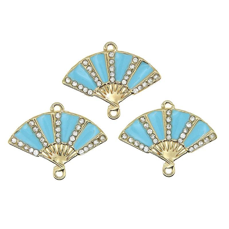 10pcs Rhinestone Fan Enamel Double Hanging Pendant Charms for DIY Jewelry