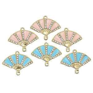 10pcs Rhinestone Fan Enamel Double Hanging Pendant Charms for DIY Jewelry