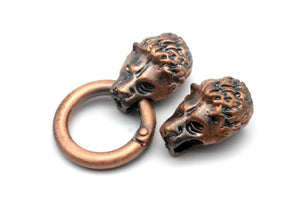 Antique Red Copper Wolf Clasp, Two Wolves Heads, 9mm Hole