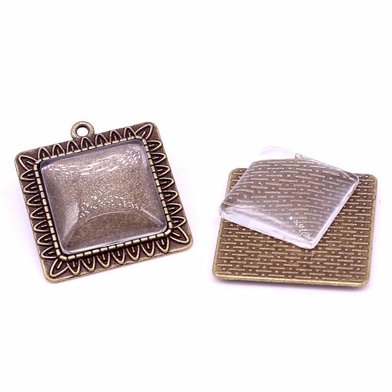 Antique Bronze Square Pendant Blanks with Glass Cabochons