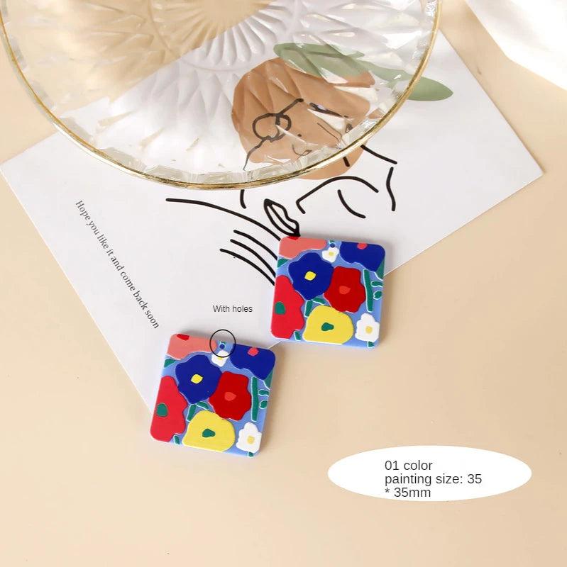 Embossed Oil Painting Style Painted Flowers Acrylic Pendant Earrings