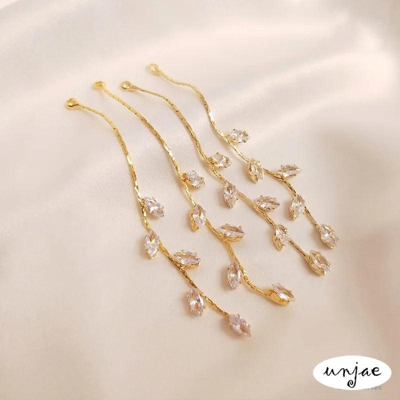 14K18K Golden Zircon Willow Leaf Tassel Stud Earrings DIY Accessories