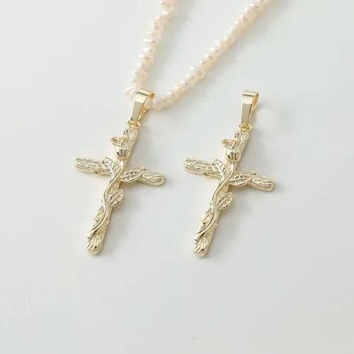 14K Electroplating Cross Rose Necklace Pendant DIY Beaded Hand-made Material