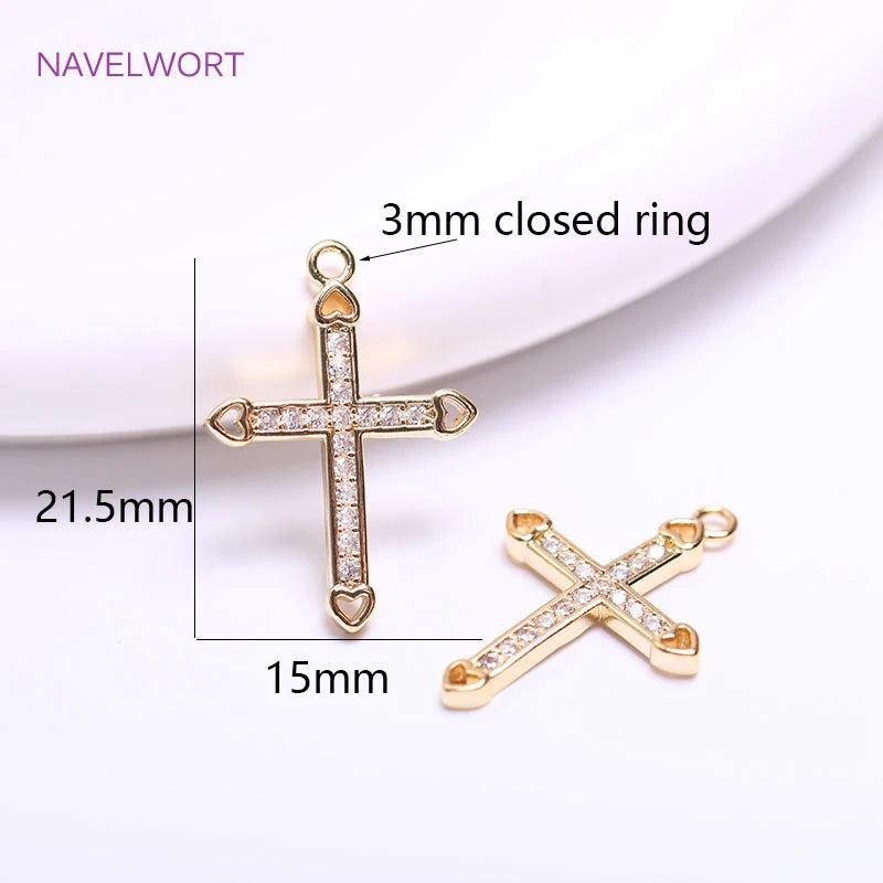 14K Plated Zircon Cross Earrings Charms, Brass Metal Pendants