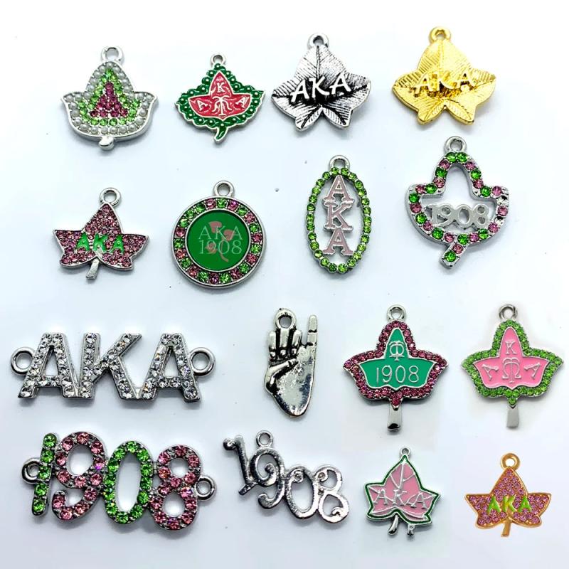 Pink Green Rhinestone Enamel Greek Letter ALPHA 1908 Charm Pendant