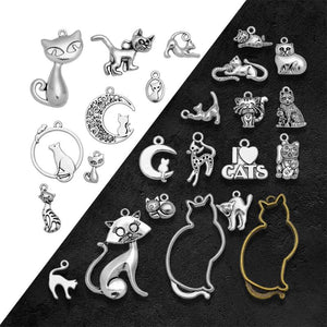 Antique Silver Plated Moon Cat Pet Charm Pendant DIY Jewelry Findings